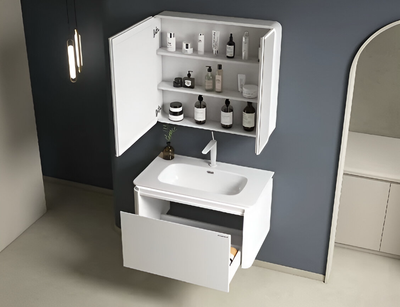 Waterproof PVC Bathroom Cabinet Vanity with Mirror Storage, Washbasin and Tap