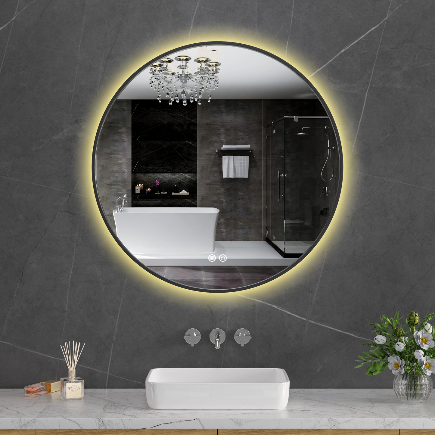 GENOA Round Mirror With LED Back Light & Black Aliminium Slim Frame