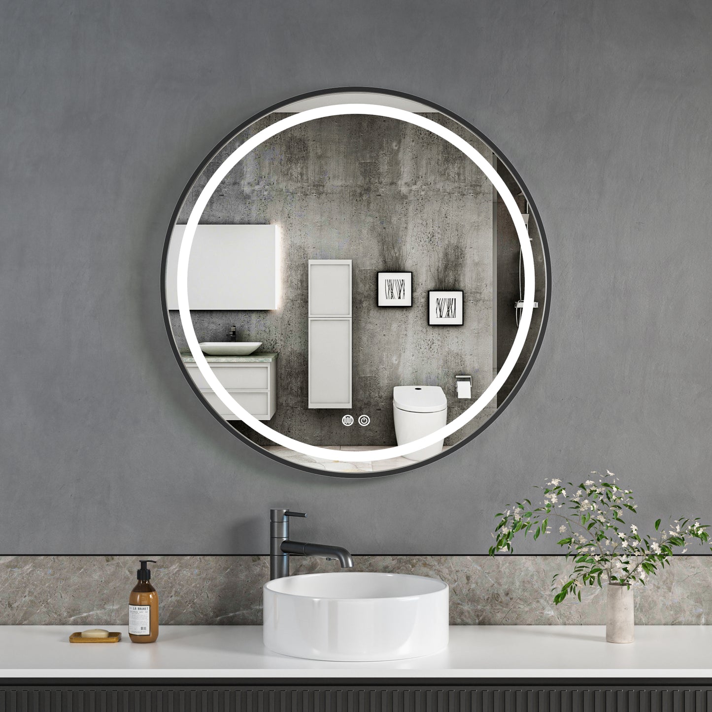 FLORENCE Round LED Mirror with Black Aliminium Slim Frame